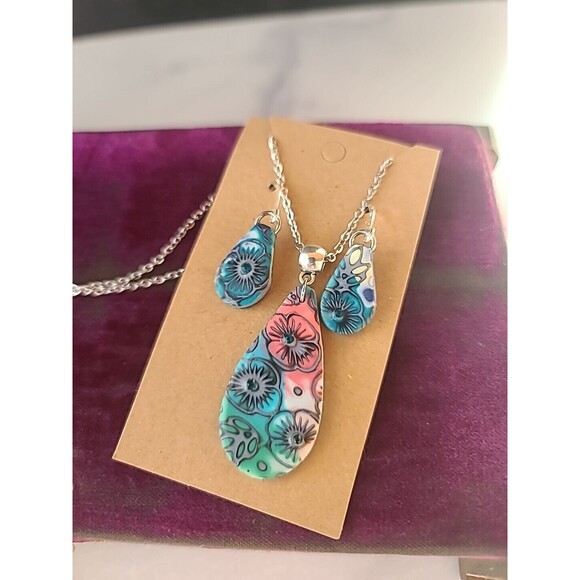 Multicolored Floral Polymer Clay Jewelry Set, NEW - Picture 1 of 10